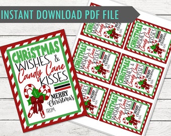 以下が含まれることがあります： クリスマスをテーマにしたギフトタグの印刷可能なPDFファイル。タグは、赤と緑の配色で、キャンディケイン、ヒイラギ、そして「Christmas Wishes & Candy Cane Kisses」のテキストが特徴です。タグには「Merry Christmas」の文字も含まれています。