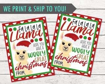 May include: Two Christmas gift tags with a llama wearing a Santa hat. The tags have a red and green border with the text "Fa La La La Llama" and "Hope you have a wooly great Christmas."