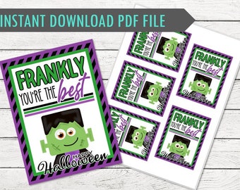 May include: Halloween-themed printable cards and stickers. The cards feature a green Frankenstein monster with the text "Frankly You're the Best" and "Happy Halloween". The stickers have the same design.