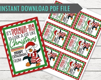 May include: A sheet of Christmas gift tags with a penguin wearing a Santa hat and scarf. The tags have the text "It's Penguin-ing to look a lot like Christmas" and "Merry Christmas From:" in red, green, and white.