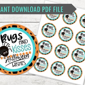 Peut inclure: Une feuille d'autocollants imprimables sur le thème d'Halloween. Chaque autocollant présente une araignée noire, le texte "Bugs and Kisses Halloween Wishes" et un motif orange et bleu sarcelle. Le texte "Instant Download PDF File" est en haut.
