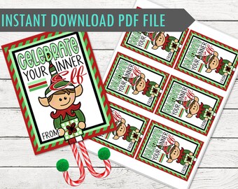 May include: A printable PDF file with a festive design. The design features an elf illustration holding a gift, with the text "CELEBRATE YOUR INNER Elf" and "FROM" on a red, green, and white background. Candy cane accents are included.