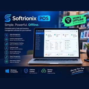 May include: A laptop displaying the Softrionix POS dashboard, featuring sales, inventory, and profit tracking. Text includes 'Softrionix POS', 'Simple. Powerful. Offline.', 'WORKS OFFLINE', and 'Manage Your Shop with Confidence' on a dark blue background.