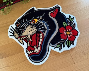 Black panther tufted rug, handmade area rug, traditional panther tattoo home decor, tapestry art, gift for him, housewarming gift