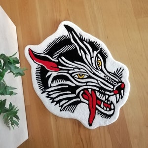 Tattoo wolf rug, American traditional art, tattoo rug design, custom tufted rug,  handmade tattoo art carpet for bedroom, animal rug