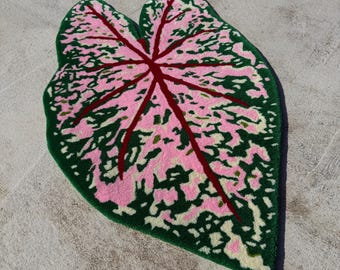 Caladium leaf rug, tufted rug, handmade plant soft carpet, bedroom rug, pink leaf decor rug, modern custom tufted rug, fluffy area rug