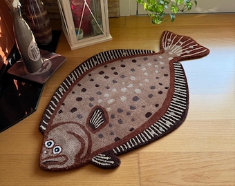 Alfombra con diseño de pez lenguado - Alfombra hecha a mano para decoración náutica - Arte de peces y regalos de pesca - Adorno de pesca, decoración costera, regalos para pescadores