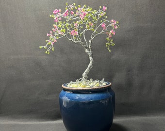 Handcrafted Beaded Bonsai Tree: Pink Glass Flower Art Decor