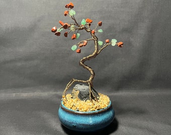 Beaded Jasper & Aventurine Gemstone Wire Bonsai Tree, Gift, Art, Decor, Handmade
