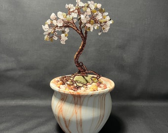 Beaded Rose Quartz & Labradorite Gemstone Wire Bonsai Tree, Gift, Art, Decor