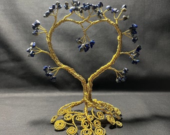 Lapis Lazuli Gemstone Heart Tree Sculpture: Gold Wire Tree of Life Art