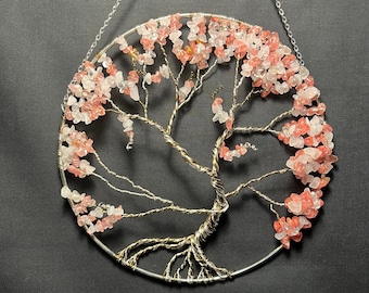 Handcrafted Rose & Cherry Quartz Tree of Life Wall Art