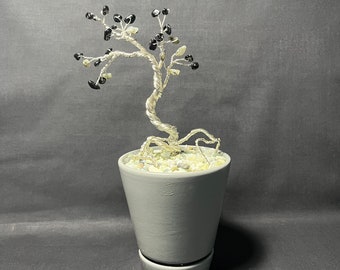 Beaded Obsidian & Labradorite Gemstone Wire Bonsai Tree, Gift, Art, Decor