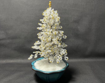 Handcrafted Beaded Wire Tree Sculpture: Silver Wire & Gold Beads