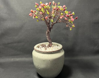 Handcrafted Natural Peridot and Rhodochrosite Gemstone Beaded Wire Bonsai Tree, Gift, Art, Decor