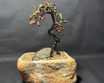 Beaded Jasper Gemstone Wire Bonsai Tree, Gift, Art, Decor