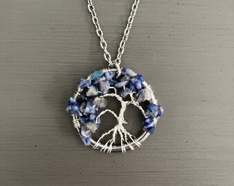 Natural Dumortierite Gemstone Tree of Life Necklace, Wearable Art, Gift, Jewelry