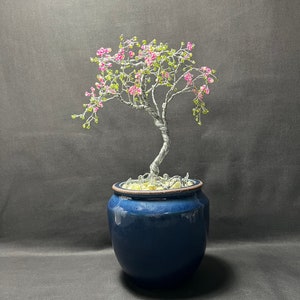 Handcrafted Beaded Bonsai Tree: Pink Glass Flower Art Decor