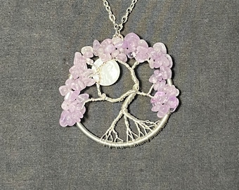 Amethyst Gemstone Tree of Life Pendant, Girt, Wearable Art, Jewelry