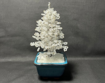 Handcrafted Beaded Wire Tree Sculpture: Silver Glass Bead Decor