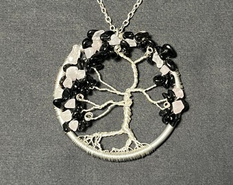 Tree of Life Rose Quartz & Obsidian Pendant, Gift, Wearable Art, Jewelry