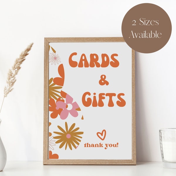 Retro Cards & Gifts Wedding Sign, 70s Wedding Table Sign, Gift Sign,printable vintage signage, Orange and Pink Flowers, INSTANT DOWNLOAD, R2