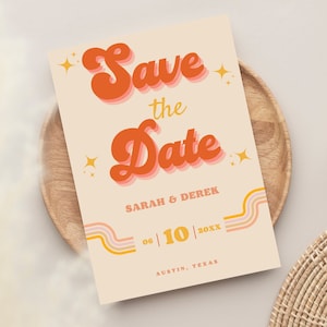 Retro Save the Date Cards, 70s Themed Wedding Invite, Colorful Disco, Warm Vintage Cards, Groovy Hippy Party Invites, INSTANT DOWNLOAD