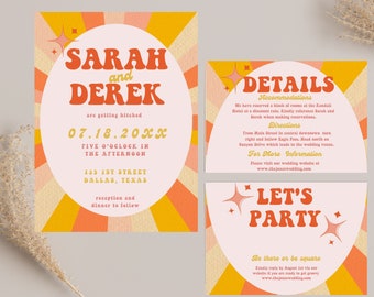 Retro Wedding Invitation Suite Template, 70s Party Invitation Set with Details and RSVP card, Groovy Bundle, Peach Orange, INSTANT DOWNLOAD