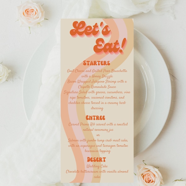 Retro Wedding Menu Cards, 70s Dinner Menu, Groovy Peach and Orange Templates, Vintage 70s Bridal Shower Menu Signage, Instant Download, R1