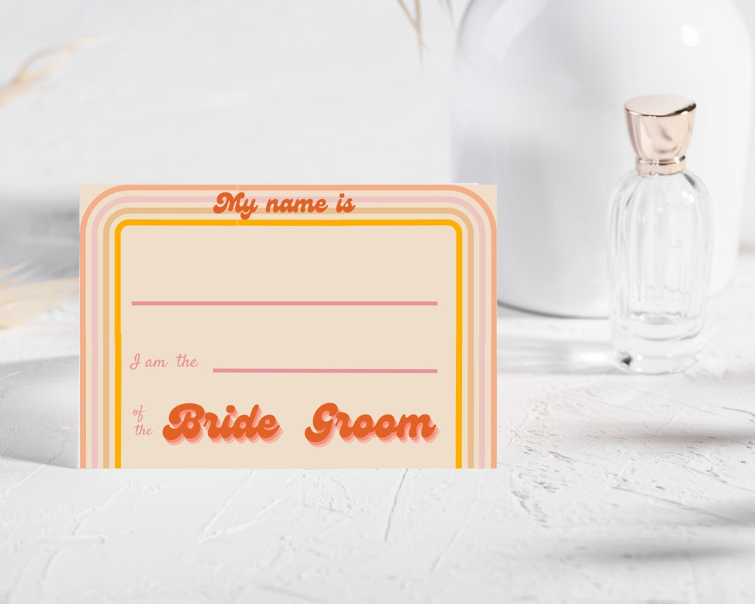 Retro Name Tag Stickers, 70s Wedding Name Cards, Vintage Party Guest