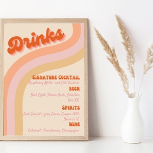 Retro Wedding Bar Sign, 70s Signature Drink, 70s Inspired Wedding, Retro Bar Menu, Boho Wedding Bar, Groovy Drinks, Instant Download, R1