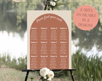 May include: A wedding seating chart with a terracotta-colored background and a semi-circle shape at the top. The chart lists guest names by table number. The text "Please find your seats" is written in a cursive font at the top of the chart.