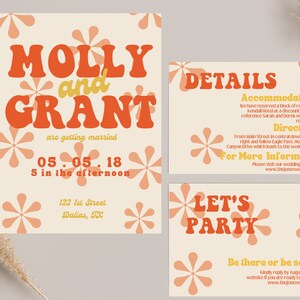 Retro Wedding Invitation Suite Template, 70s Party Invitation Set with Details and RSVP card, Groovy Bundle, Orange Flower, INSTANT DOWNLOAD