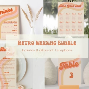 Retro Hochzeit Bundle, 70er Sitzplan Zeichen, Retro Bar Menü, Tischnummern, Tisch Dekor, Menü, 70er Jahre inspiriert Hochzeit, Instant Download, R1
