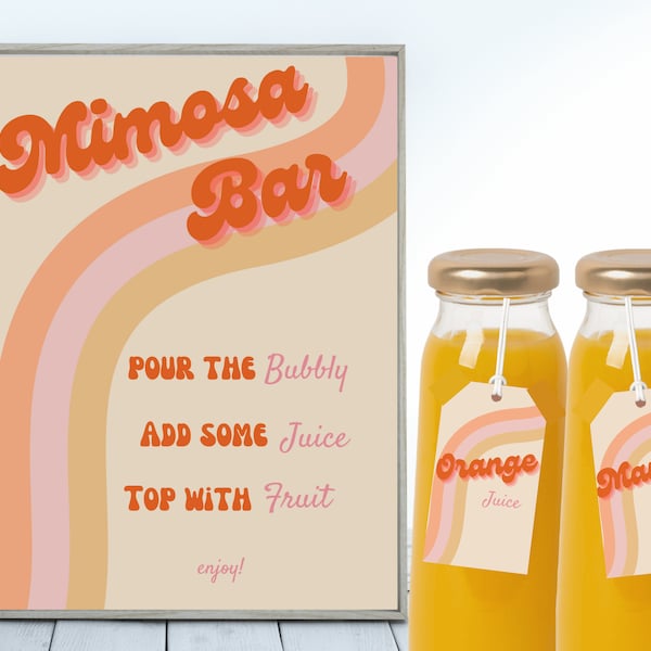 Retro Mimosa Bar Sign with Juice Carafe Tags, bridal Shower Mimosa Juice Tags, Boho Momosa Juice Labels, 70s Bar Sign, Instant Download, R1