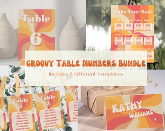 Groovy Table Signage Bundle, 70s Place Cards Folded and Flat, Retro Table Numbers, 70s Seating Chart Board, 70s Hanging, Instant Download,G1