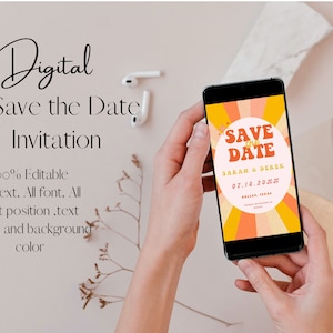 レトロな Save the Date カード招待状、70 年代の Save Our Date 電子招待状、ピーチとオレンジのテキスト招待状、クールな招待状、即時ダウンロード