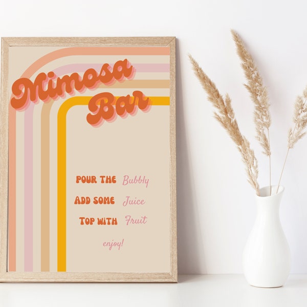 Retro Mimosa Bar Sign, Bridal Shower Mimosa, Boho Momosa Wedding Bar Signage, 70s Bar Sign, Retro Bar Menu Groovy Drinks Instant Download R3