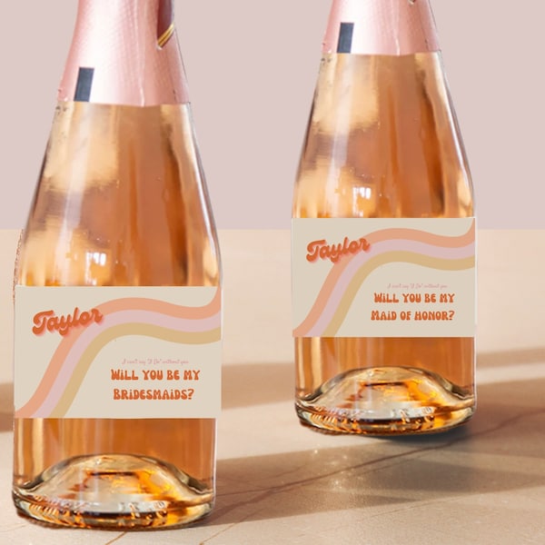 Retro Bridesmaid and Maid of Honor Bottle Labels, Will You be My Wine Labels, 70s Bridesmaid Proposal Champagne Label, Instant Download, R1