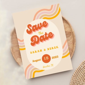 Retro Save the Date Cards, 70s Themed Wedding Invite, Colorful Disco, Warm Vintage Cards, Groovy Hippy Party Invites, INSTANT DOWNLOAD