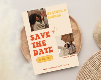 Retro 70s Wedding Save the Date Card, Groovy Hippie Theme (Instant Download)