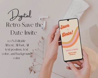 Retro Save the Date Card Evite, 70s Save Our Date Electronic Invitations, Peach and Orange Text Invite, groovy Invites, Instant Download, R1