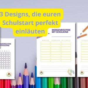 May include: Three printable designs for a morning routine checklist for school children. The designs feature a yellow and white grid with lines for writing, and a colorful illustration of pencils and paper clips. The text on the designs reads "Morgenroutine mit Schulkind" which translates to "Morning routine with school child".