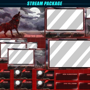 Animated Twitch DARK RED Fire Wolf Stream Overlay Package / Burning Wolf Twitch Stream Package for Streamers, VTubers, OBS