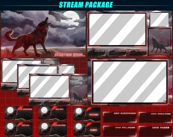 Animated Twitch DARK RED Fire Wolf Stream Overlay Package / Burning Wolf Twitch Stream Package for Streamers, VTubers, OBS