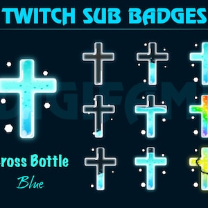 May include: Nine Twitch sub badges featuring a cross-shaped bottle filled with different colored liquids. The first badge is blue, the second is black, the third is black with a blue liquid, the fourth is blue, the fifth is rainbow, the sixth is black, the seventh is blue, the eighth is blue, and the ninth is yellow with a vine.