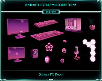 Animated Twitch Stream Decoration Sakura PC Room Stuffs, Sakura Livestream Room Items for Twitch Stream Decoration, OBS, Streamlabs