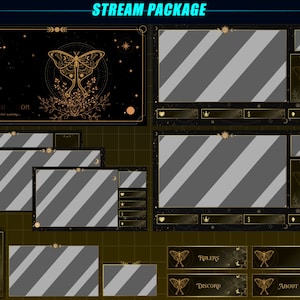 Animiertes Stream Paket Gold Celestial Luna Motte, Golden Celestial Twitch Overlay Paket für Streamer, OBS, Streamlabs