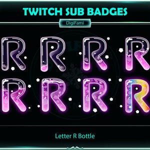 Sub emblema roxo da garrafa R da garrafa Twitch, emblema roxo da letra R líquida Twitch Sub, logotipo do nome para Streamer, YouTuber, Discord, Streamlabs, OBS