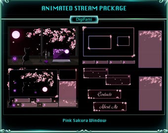ANIMATED Stream Overlay Package Cute Kitten by Sakura Window, Cozy Sakura PC Room Twitch Overlay Package for Streamers